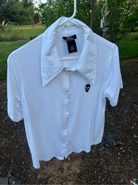 Social Collision White Button-Up Polo with Skull Logo